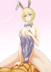 Rule 34 | 2boys, androgynous, animal ears, arm support, artist request, bare shoulders, black leotard, blonde hair, blush, bulge, clothed male nude male, crossdressing, detached collar, fake animal ears, highleg, highleg leotard, highres, homare nao, legs apart, leotard, looking at another, male playboy bunny, multiple boys, nude, pantyhose, rabbit ears, revealing clothes, shiny clothes, short hair, sitting, sitting on person, taimanin (series), taimanin rpgx, trap, twitter username, yaoi