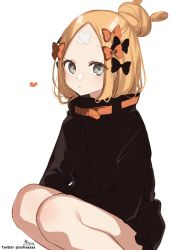 Rule 34 | 1girl, abigail williams (fate), abigail williams (traveling outfit) (fate), black bow, black jacket, blonde hair, bow, commentary request, crossed bandaids, fate/grand order, fate (series), feet out of frame, grey eyes, hair bow, hair bun, heart, highres, jacket, knees up, long sleeves, looking at viewer, multiple hair bows, orange bow, parted lips, simple background, single hair bun, sofra, solo, squatting, white background