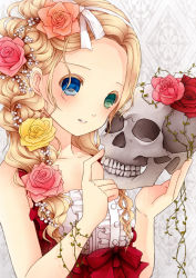 Rule 34 | 1girl, aqua eyes, blonde hair, blue eyes, braid, center frills, collarbone, commentary request, flower, frills, hair flower, hair ornament, hair over shoulder, hair vines, hairband, heterochromia, highres, holding, holding skull, looking at viewer, no bangs, original, parted lips, pink flower, pink rose, plant, pointing, red flower, red rose, ribbon, rose, skull, sleeveless, solo, taira shinki, upper body, vines, white hairband, white ribbon, yellow flower, yellow rose