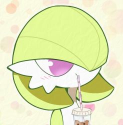 Rule 34 | 1girl, blush, bob cut, bubble tea, closed mouth, colored skin, creatures (company), cup, disposable cup, drink, drinking, drinking straw, female focus, flat chest, game freak, gardevoir, gen 3 pokemon, green hair, green skin, hair over one eye, light blush, multicolored skin, nintendo, one eye covered, outline, pink eyes, pokemon, pokemon (creature), portrait, short hair, solo, two-tone skin, white skin, yellow background, yuri (fl0werspace)