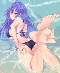 Rule 34 | 1girl, adjusting clothes, adjusting swimsuit, artist request, ass, back, bare shoulders, barefoot, bikini, black bikini, blue hair, blush, breasts, butt crack, day, feet, from behind, highres, iris heart, large breasts, long hair, looking at viewer, looking back, lying, neptune (series), on stomach, outdoors, partially submerged, purple eyes, pururut, shiny skin, sideboob, smile, soles, solo, swimsuit, symbol-shaped pupils, toes, very long hair, water, wet, wet hair