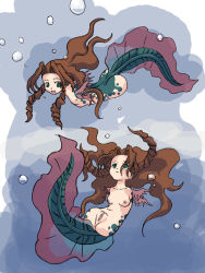 Rule 34 | 1990s (style), 1girl, aerith gainsborough, anus, branzent, breasts, brown hair, bubble, drill hair, final fantasy, final fantasy vii, mermaid, monster girl, navel, nipples, nude, open mouth, pussy, red eyes, retro artstyle, small breasts, solo, tadpole, transformation, uncensored, water