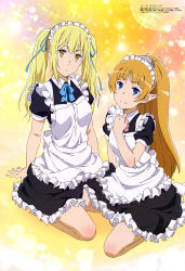 Rule 34 | 10s, 2girls, :o, absurdres, aiz wallenstein, alternate costume, alternate hairstyle, arm at side, arm support, arms at sides, bare legs, black dress, blonde hair, blue bow, blue eyes, blue neckwear, blue ribbon, bow, bowtie, breasts, c:, closed mouth, collared dress, dress, dungeon ni deai wo motomeru no wa machigatteiru darou ka, elf, expressionless, female focus, friends, frilled dress, frills, full body, hair ribbon, hand up, head tilt, headdress, highres, lefiya viridis, legs, long hair, looking at viewer, maid, maid headdress, medium breasts, megami magazine, multiple girls, neck, official art, open mouth, orange hair, pink bow, pink neckwear, pointy ears, ribbon, seiza, short sleeves, sitting, smile, sword oratoria, twintails, yellow eyes