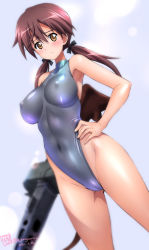 Rule 34 | 1girl, bare shoulders, blush, breasts, brown eyes, brown hair, cameltoe, cleft of venus, collarbone, covered erect nipples, dated, double-drum magazine, drum magazine, embarrassed, frown, general-purpose machine gun, gertrud barkhorn, grey leotard, gun, hair between eyes, hair ribbon, hand on own hip, high-capacity magazine, highleg, highleg leotard, impossible clothes, impossible leotard, kamogawa tanuki, large breasts, leotard, long hair, looking at viewer, machine gun, magazine (weapon), mg42, nipples, ribbon, saddle-drum, shiny clothes, signature, solo, strike witches, twintails, twitter username, weapon, world witches series