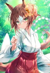 1girl absurdres animal_ears blush breasts closed_mouth commentary_request day fine_motion_(umamusume) forest gohei green_eyes hair_between_eyes hair_bun hair_ornament hakama hakama_skirt highres horse_ears horse_girl horse_tail japanese_clothes kimono long_sleeves looking_at_viewer medium_breasts nature outdoors red_skirt skirt solo sunlight tail umamusume upper_body uu-tan_(hushigi10)