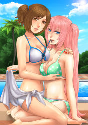 Rule 34 | 2girls, alternate hairstyle, arm around shoulder, bare arms, bare legs, bare shoulders, barefoot, bikini, blue eyes, blue nails, blush, breast lift, breasts, brown eyes, brown hair, cleavage, clothes lift, cloud, collarbone, day, feet, female focus, girl on top, green bikini, grin, large breasts, legs, lens flare, lips, long hair, looking at viewer, megurine luka, meiko (vocaloid), midriff, mouth hold, multiple girls, murasaki (ekyu), nail polish, one side up, palm tree, parted lips, pink hair, ponytail, pool, poolside, project diva (series), project diva f, red nails, sarong, sarong lift, seductive smile, short hair, sitting, sitting on lap, sitting on person, sky, smile, soles, straddling, strap pull, sun, swimsuit, toes, tree, twintails, two side up, underboob, vocaloid, wariza, water, white bikini, yuri