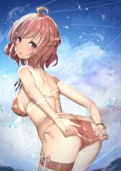 Rule 34 | 1girl, absurdres, ahoge, ass, back, bikini, bikini pull, bikini top aside, blue sky, blush, bracelet, braid, breasts, butt crack, clothes pull, cloud, commentary request, commission, day, embarrassed, full-face blush, highres, ichihachiyon, jewelry, medium breasts, nipples, ocean, open mouth, original, outdoors, partially visible vulva, pixiv commission, red eyes, red hair, shoulder blades, simple background, sky, solo, standing, swimsuit, test tube, thigh strap, wedgie