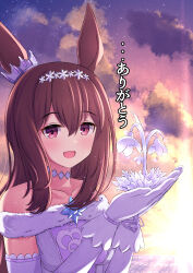 1girl absurdres admire_vega_(glacialis_vega)_(umamusume) admire_vega_(umamusume) animal_ears bare_shoulders brown_hair choker collarbone dress elbow_gloves gloves hair_between_eyes hair_down hairband highres horse_ears horse_girl horse_tail ice_flower light_blush looking_at_viewer off-shoulder_dress off_shoulder official_alternate_costume official_alternate_hairstyle purple_eyes purple_ribbon ribbon sky smile solo sonicxeon sunrise tail umamusume white_dress white_gloves