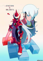 Rule 34 | 2boys, artist name, asymmetrical bangs, black hair, black shirt, blue eyes, boots, capcom, cape, character name, closed mouth, collarbone, covered eyes, eugene chaud (mega man), full body, gloves, gradient background, hair over one eye, helmet, highres, horns, jacket, long sleeves, looking at viewer, male focus, mega man (series), mega man battle network, multicolored hair, multiple boys, open clothes, open jacket, proto man, protoman.exe, red footwear, red gloves, red jacket, shirt, short hair, single horn, standing, sword, two-tone hair, undershirt, upper body, weapon, white cape, white hair, whoareuu