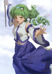 Rule 34 | 1girl, arms up, bare shoulders, blue skirt, blurry, blush, breasts, depth of field, detached sleeves, floating hair, frog hair ornament, gohei, hair ornament, hairband, highres, himuhino, holding, holding stick, kochiya sanae, medium breasts, midriff, navel, open mouth, serious, skirt, solo, stick, touhou, v-shaped eyebrows, yellow eyes