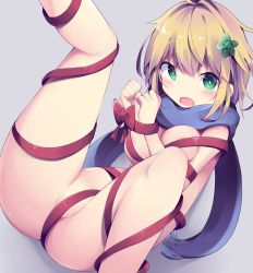 Rule 34 | 1girl, :o, areola slip, ass, blonde hair, blue scarf, bound, breasts, cleavage, commentary request, embarrassed, flower, gabriel dropout, green eyes, hair flower, hair ornament, knee up, kyuukon (qkonsan), leg up, looking at viewer, medium breasts, medium hair, naked ribbon, red ribbon, ribbon, ribbon bondage, scarf, simple background, solo, spread legs, tapris chisaki sugarbell, thighs