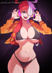 Rule 34 | 1girl, bare legs, bikini, black bikini, breasts, claw pose, curvy, fangs, hair ribbon, highres, jacket, large breasts, long hair, looking at viewer, multicolored hair, musaed art, naughty face, navel, one piece, open mouth, red hair, ribbon, shaded face, shiny skin, simple background, standing, swimsuit, thighs, thong, thong bikini, two-tone hair, uta (one piece), very long hair, white hair, wide hips, yellow jacket
