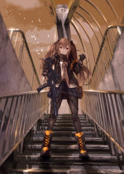 Rule 34 | 1girl, 404 logo (girls&#039; frontline), armband, bad id, bad twitter id, black ribbon, boots, brown eyes, brown hair, commentary, fingerless gloves, full body, girls&#039; frontline, gloves, gun, h&amp;k ump, hair ribbon, jacket, knee pads, kuraja34, looking at viewer, neck ribbon, outdoors, pantyhose, railing, ribbon, scar, scar across eye, scar on face, shirt, skirt, smile, solo, stairs, submachine gun, suppressor, trigger discipline, ump9 (girls&#039; frontline), waving, weapon, white shirt