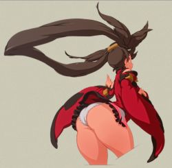 Rule 34 | 1girl, ass, bent over, brown eyes, brown hair, china dress, chinese clothes, cropped legs, detached sleeves, dress, from behind, guilty gear, hair ornament, jacqli (jacqliart), kuradoberi jam, long hair, panties, pantyshot, simple background, solo, standing, thick thighs, thighs, underwear, very long hair, white panties, wide sleeves