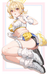 Rule 34 | 1girl, ahoge, arm support, ass, bare shoulders, bike shorts, bike shorts under skirt, black shorts, blonde hair, blue archive, blush, braid, breasts, cheerleader, fangxiang cuoluan, gloves, halo, highres, kotori (blue archive), kotori (cheer squad) (blue archive), large breasts, looking at viewer, loose socks, lying, millennium cheerleader outfit (blue archive), muffin top, official alternate costume, on side, open mouth, plump, pom pom (cheerleading), red eyes, shoes, short hair, short twintails, shorts, shorts under skirt, simple background, skindentation, skirt, socks, solo, sweatdrop, thigh strap, twintails, white background, white skirt, yellow halo