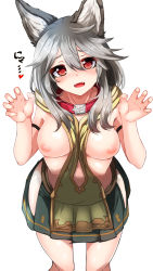 Rule 34 | ..., 10s, 1girl, animal ears, arm strap, between breasts, blush, breasts, breasts out, claw pose, erune, eyebrows, fangs, from above, granblue fantasy, grey hair, hair between eyes, hands up, head tilt, heart, long hair, looking at viewer, nipples, open mouth, palms, red eyes, sen (granblue fantasy), simple background, sketch, skirt, solo, tenken (gotannda), wardrobe error, white background