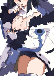 Rule 34 | 1girl, asagiri asagi, black hair, breasts, cleavage, clothes pull, coat, disgaea, fingerless gloves, gloves, head out of frame, highres, large breasts, morisobo, nipples, shorts, simple background, solo, white coat, white gloves