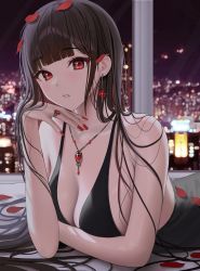Rule 34 | 1girl, black dress, black hair, blunt bangs, breasts, city lights, cleavage, dress, earrings, elbow rest, falling petals, fingernails, highres, indoors, jewelry, large breasts, long hair, looking at viewer, lying, myabit, nail polish, necklace, night, night sky, on stomach, original, parted lips, petals, red eyes, red nails, revision, ring, sky, solo, straight hair, upper body, window