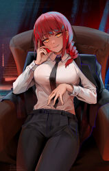 Rule 34 | 1girl, black jacket, black necktie, black pants, braid, braided ponytail, breasts, buttoned cuffs, buttons, chainsaw man, collared shirt, dress shirt, foxyreine, high-waist pants, highres, jacket, jacket on shoulders, large breasts, long hair, long sleeves, looking at viewer, makima (chainsaw man), necktie, pants, red hair, ringed eyes, shirt, sidelocks, sitting, smile, solo, thighs, white shirt, yellow eyes