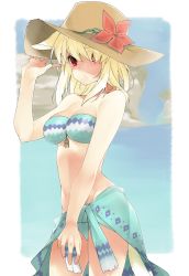 Rule 34 | 10s, 1girl, animal ears, arm up, bandeau, bare shoulders, beach, bikini, blonde hair, breasts, cleavage, contrapposto, final fantasy, final fantasy xiv, flower, hat, highres, kochiya (gothope), long hair, miqo&#039;te, red eyes, sarong, solo, standing, sun hat, swimsuit, tail, warrior of light (ff14)