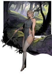 Rule 34 | 1girl, absurdres, bare shoulders, bracelet, breasts, bridal legwear, closed mouth, elf, forest, full body, grass, grey eyes, grey hair, highres, holding, holding staff, jewelry, leaf, looking at viewer, medium breasts, moss, nature, original, pointy ears, short hair, sleeveless, solo, sonech, staff, standing, thighhighs, tree, white background, white thighhighs