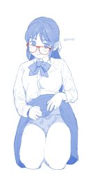 Rule 34 | 1girl, bespectacled, blue theme, blush, bow, bow panties, bowtie, clothes lift, commentary, cropped legs, food print, glasses, half updo, highres, idolmaster, idolmaster cinderella girls, lifted by self, long hair, long sleeves, looking at viewer, monamin, monochrome, panties, print panties, red-framed eyewear, shirt, simple background, skirt, skirt lift, solo, spot color, strawberry panties, strawberry print, tachibana arisu, twitter username, underwear