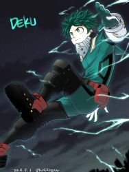 Rule 34 | 1boy, ass, black footwear, boku no hero academia, boots, buthikireta, character name, commentary request, dated, elbow gloves, energy, freckles, gloves, green eyes, green gloves, green hair, hand up, highres, midoriya izuku, night, outdoors, red footwear, shoes, short hair, solo, twitter username, watermark, white gloves