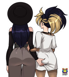 Rule 34 | 2girls, akali, arm hug, ass, ass grab, black hair, blonde hair, bodystocking, bodysuit, commentary, detached sleeves, fishnet bodysuit, fishnets, from behind, grabbing another&#039;s ass, groping, hair pulled back, hat, high-waist pants, highres, kai&#039;sa, kyoffie, league of legends, long sleeves, multicolored hair, multiple girls, oversized clothes, pants, ponytail, purple hair, streaked hair, sun hat, the baddest akali, the baddest kai&#039;sa, thigh gap, wide hips, yuri