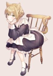 Rule 34 | 1girl, animal ears, back bow, bow, braid, brown eyes, brown hair, cat ears, cat tail, chair, e (eokiba), half updo, hands on own cheeks, hands on own face, highres, long sleeves, maid, mary janes, original, shoes, sitting, smile, solo, tail