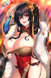 Rule 34 | 1girl, absurdres, ahoge, azur lane, bare shoulders, bird, black hair, black panties, blush, breasts, bridal gauntlets, china dress, chinese clothes, cleavage, cleavage cutout, cleavage reach, clothes pull, clothing cutout, dress, dress pull, feather boa, hair between eyes, hair ornament, highres, huge breasts, long hair, looking at viewer, nez-box, official alternate costume, one side up, open mouth, panties, peacock, red dress, red eyes, side slit, signature, skindentation, smile, taihou (azur lane), taihou (phoenix&#039;s spring song) (azur lane), underwear