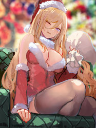 Rule 34 | 1girl, bare shoulders, blonde hair, blue eyes, blush, breasts, cleavage, dress, fur-trimmed dress, fur-trimmed headwear, fur collar, fur trim, hat, highres, large breasts, long hair, looking at viewer, one eye closed, open mouth, original, pupps, red dress, red hat, santa costume, santa hat, smile, thighhighs, thighs