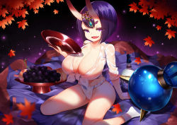 Rule 34 | 1girl, alcohol, alternate breast size, blunt bangs, breasts, cameltoe, cleavage, cup, eyes visible through hair, fang, fate/grand order, fate (series), food, fruit, fundoshi, grapes, hair ornament, highres, horns, huge breasts, japanese clothes, leaf, looking at viewer, nekosama shugyouchuu, oni, peach, purple eyes, purple hair, sakazuki, sake, short hair, shuten douji (fate), skin-covered horns, smile