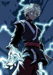 Rule 34 | 1boy, absurdres, aged up, bad perspective, batm andrew, blue eyes, cowboy shot, electricity, foreshortening, glowing, glowing eyes, highres, hunter x hunter, killua zoldyck, male focus, signature, smile, solo, watermark, white hair