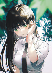 Rule 34 | 1girl, black hair, black necktie, blush, breasts, closed mouth, collared shirt, commentary, green eyes, hand in own hair, highres, kani (kkk kani), long hair, looking at viewer, necktie, original, outdoors, school uniform, shirt, short sleeves, smile, solo, upper body, white shirt