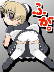 Rule 34 | 1girl, all fours, ass, blonde hair, cameltoe, female focus, flandre (kaibutsu oujo), from behind, gonzou, gradient background, kaibutsu oujo, looking back, maid, panties, pantyshot, purple eyes, short hair, solo, thighhighs, translation request, underwear, uniform, upskirt, white thighhighs