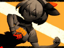 Rule 34 | 1girl, artist name, bea (pokemon), bellhenge, black border, border, bow, clenched hands, closed mouth, commentary, creatures (company), dutch angle, english commentary, eyelashes, fist print, frown, game freak, gloves, greyscale with colored background, hair bow, hairband, handprint, looking at viewer, nintendo, orange gloves, pokemon, pokemon swsh, shirt, short hair, short sleeves, shorts, single glove, solo, spot color, t-shirt, v-shaped eyebrows, yellow background