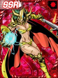 Rule 34 | 1girl, abs, animal print, bikini, blue eyes, boots, breasts, cape, card game, claws, cleavage, collar, curvy, digimon, digimon (creature), digimon collectors, fang, female focus, gauntlets, gem, gloves, green hair, helmet, hip focus, horns, kinkakumon, knee pads, large breasts, legs, lowres, monster girl, muscular, official art, open mouth, scar, short hair, shoulder pads, single horn, skull, solo, striped bikini, striped clothes, swimsuit, thighs, tiger print, toned, weapon