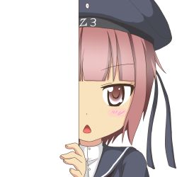Rule 34 | 10s, 1girl, brown eyes, brown hair, chestnut mouth, clothes writing, dress, hat, kantai collection, looking at viewer, nagineko, open mouth, peeking out, sailor dress, sailor hat, short hair, solo, transparent background, triangle mouth, z3 max schultz (kancolle)