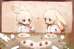 Rule 34 | 2girls, animal ears, bow, cake, child, cream, cream on face, eating, food, food on face, fork, fruit, glass, hair bow, heart, highres, long hair, low twintails, multiple girls, original, plate, rabbit ears, rabbit girl, red eyes, ribbon, shirokujira, shirt, short hair, short twintails, sitting, strawberry, table, twintails, white hair, white shirt