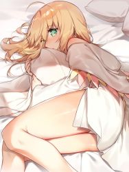 Rule 34 | 1girl, artoria pendragon (all), artoria pendragon (fate), bed sheet, blonde hair, blush, fate/stay night, fate (series), green eyes, highres, kamiowl, long hair, long sleeves, looking at viewer, lying, hugging object, on side, panties, pillow, pillow hug, saber (fate), shirt, solo, under covers, underwear, white panties, white shirt