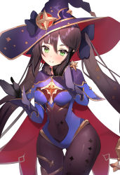 1girl aa44 absurdres asymmetrical_bangs black_gloves black_hair blush cape cowboy_shot earrings genshin_impact gloves green_eyes hat hat_ornament highres jewelry leotard long_sleeves looking_at_viewer mona_(genshin_impact) pantyhose smile solo star_(symbol) star_earrings star_hat_ornament witch_hat