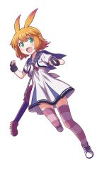 Rule 34 | 1girl, antenna hair, blonde hair, clenched hands, fingerless gloves, full body, gal gun, gal gun double peace, gloves, green eyes, guitar, highres, instrument, looking at viewer, open mouth, shoes, short hair, short sleeves, skirt, sneakers, solo, striped clothes, striped thighhighs, thighhighs, uno aoi