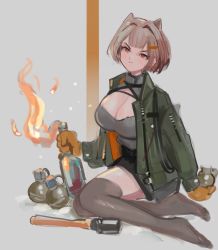Rule 34 | 1girl, absurdres, animal ear fluff, animal ears, breasts, cleavage, cleavage cutout, closed mouth, clothing cutout, explosive, green jacket, grenade, grey hair, grey thighhighs, hair intakes, hair ornament, hairclip, highres, jacket, large breasts, long sleeves, looking at viewer, molotov cocktail, open clothes, open jacket, original, polilla, red eyes, short hair, smile, solo, thighhighs