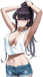 Rule 34 | 1girl, alternate costume, armpits, arms up, black hair, blue shorts, blush, breasts, cleavage, closed mouth, commentary, commission, cowboy shot, crop top, denim, denim shorts, earrings, expressionless, gold earrings, gold necklace, hair between eyes, highres, jewelry, komi-san wa komyushou desu, komi shouko, large breasts, looking ahead, midriff, mixed-language commentary, navel, necklace, open fly, plunging neckline, ponytail, purple eyes, shizuko hideyoshi, short shorts, shorts, signature, simple background, solo, stomach, tank top, torn clothes, torn shorts, tying hair, white background, white tank top