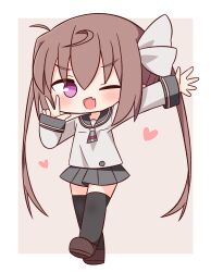 Rule 34 | 1girl, ;d, black sailor collar, black skirt, black thighhighs, blush, brown footwear, brown hair, chibi, commentary request, fang, full body, hair between eyes, hana kazari, highres, long hair, long sleeves, looking at viewer, momochi tamate, one eye closed, open mouth, pleated skirt, sailor collar, school uniform, shoes, skin fang, skirt, slow start, smile, solo, thighhighs, twintails