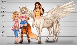 Rule 34 | 3girls, aerodynamict, bangle, bikini, blonde hair, boots, bracelet, brown eyes, brown hair, cat girl, cat tail, centaur, character chart, choker, commission, commissioner upload, crop top, cross-laced footwear, denim, dress, feathered wings, fox tail, green eyes, height chart, highres, hybrid, jeans, jewelry, lace-up boots, looking at another, looking at viewer, monster girl, multicolored hair, multiple girls, necklace, original, pants, sandals, short shorts, shorts, size comparison, smile, spread wings, streaked hair, swimsuit, tail, taur, white hair, wings