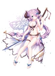 Rule 34 | 10s, 1girl, :s, alternate costume, bare arms, bare shoulders, bikini, black ribbon, blue eyes, breasts, butterfly background, cleavage, collarbone, double bun, draph, front-tie bikini top, front-tie top, full body, granblue fantasy, hair over one eye, head tilt, highres, holding, holding sword, holding weapon, horns, katana, lock, long hair, low-tied long hair, medium breasts, narinn, narmaya (granblue fantasy), narmaya (summer) (granblue fantasy), navel, no legwear, open mouth, pink hair, pointy ears, ribbon, sandals, simple background, single horn, skindentation, solo, swimsuit, sword, tassel, teeth, thigh strap, unsheathed, very long hair, weapon, white background, white bikini