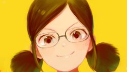 Rule 34 | 1girl, brown eyes, brown hair, glasses, highres, idolmaster, idolmaster cinderella girls, looking at viewer, negy, portrait, saejima kiyomi, short hair, short twintails, simple background, solo, twintails, yellow background