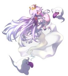 Rule 34 | 1girl, absurdres, boo (mario), breasts, cleavage, crown, earrings, female focus, ghost, gradient hair, highres, jewelry, large breasts, long hair, long tongue, mario (series), multicolored hair, nintendo, open mouth, pointy ears, princess king boo, red eyes, sb lama, simple background, super crown, tongue, white background