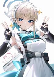 Rule 34 | 1girl, absurdres, apron, armpits, doodle sensei (blue archive), assault rifle, belt pouch, blonde hair, blue archive, blue bow, blue bowtie, blue eyes, blue ribbon, bow, bowtie, braid, bullpup, bun cover, caseless firearm, chest harness, double v, earpiece, elbow gloves, fingerless gloves, frilled apron, frills, gloves, gun, h&amp;k g11, hair ribbon, halo, harness, highres, jeze, maid headdress, pouch, prototype design, ribbon, rifle, sensei (blue archive), sparkle, toki (blue archive), upper body, v, weapon, white apron, white background
